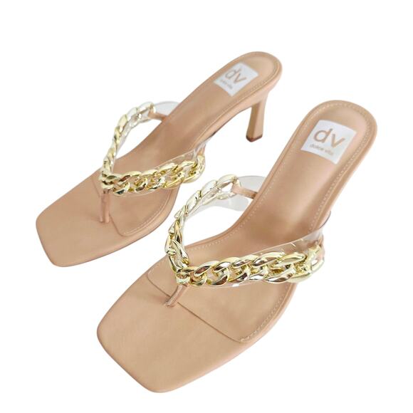 Dolce Vita Tan & Gold Player Chain Slide Thong Sandal Heels Size 9.5 - Picture 3 of 8